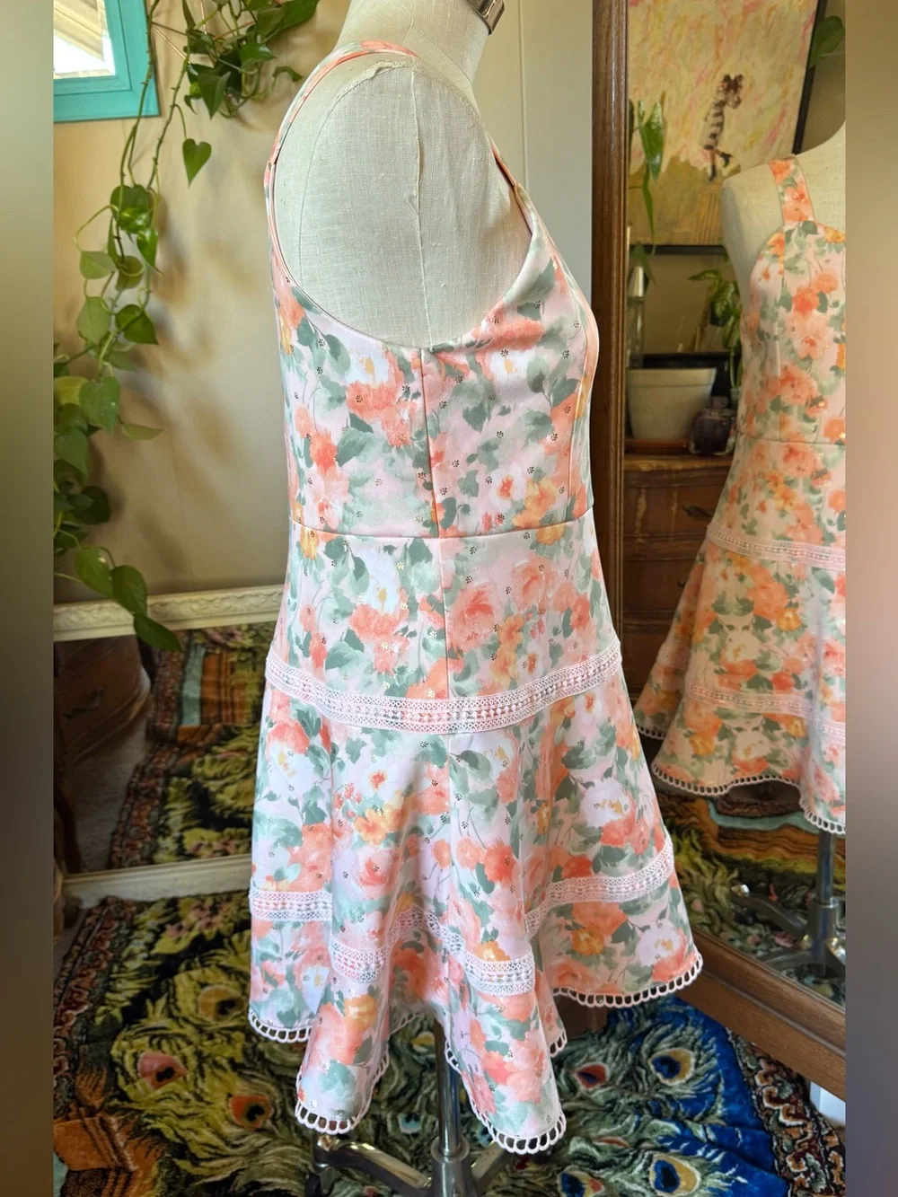 Knit Works Big Girls Dress Peach/pink/green Floral 20.5 Plus, Metallic Gold